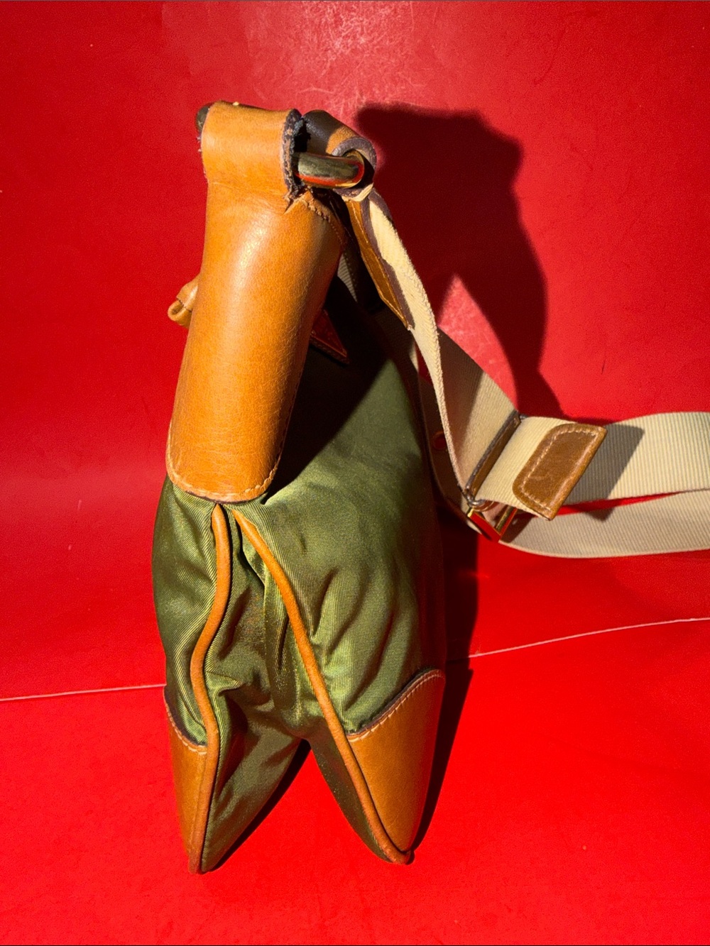 Prada Olive Green Nylon Crossbody with Brown Leather Trim and Beige Strap - Picture 4 of 12
